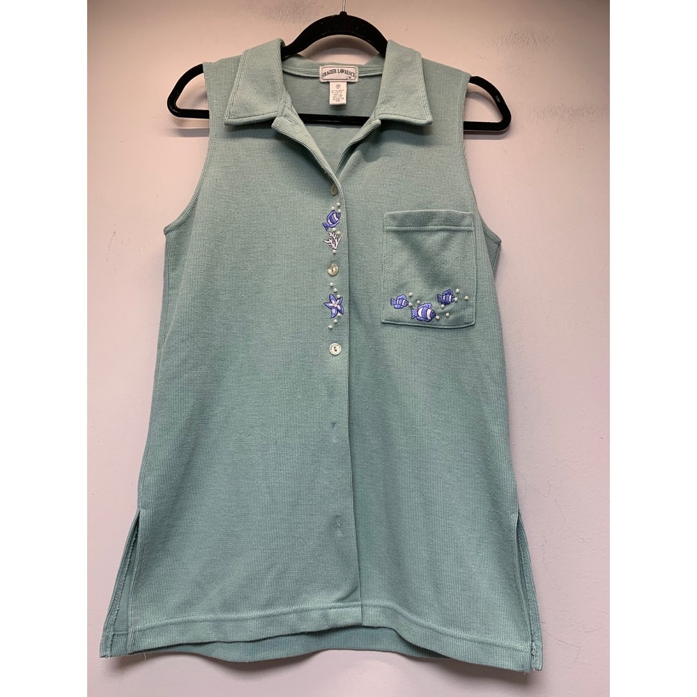Frazier‎ Lawrence Sleeveless Top Womens Small Sage Green Excellent Sea Life Knit
